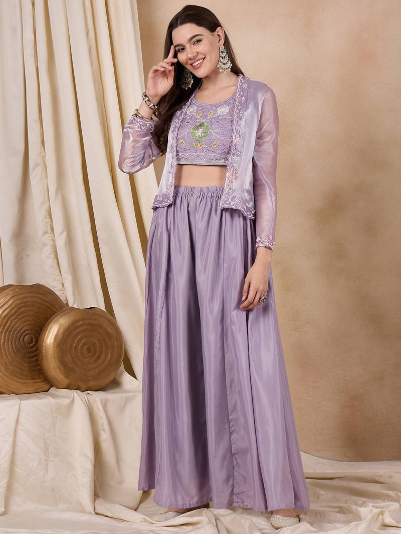 Rajgranth women's lavender embroidered palazzo set with burberry silk koti