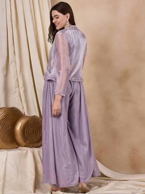 Rajgranth women's lavender embroidered palazzo set with burberry silk koti 2