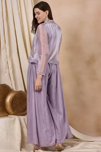 Rajgranth women's lavender embroidered palazzo set with burberry silk koti