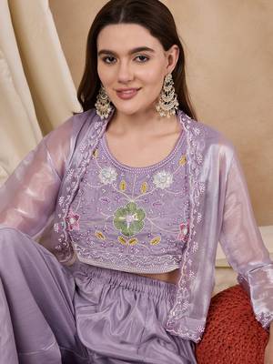 Rajgranth women's lavender embroidered palazzo set with burberry silk koti 3