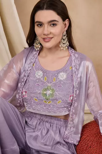 Rajgranth women's lavender embroidered palazzo set with burberry silk koti