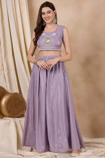 Rajgranth women's lavender embroidered palazzo set with burberry silk koti