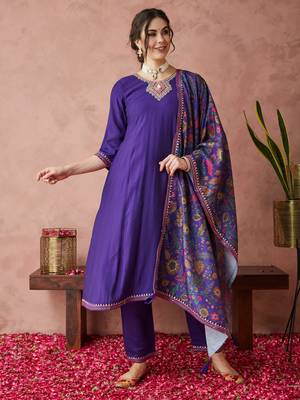Rajgranth women's exclusive roman silk fabric hand work neckline solid print anarkali kurtaset with dupatta. 1
