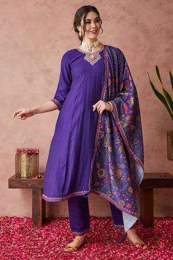 Rajgranth women's exclusive roman silk fabric hand work neckline solid print anarkali kurtaset with dupatta.