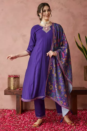Rajgranth women's exclusive roman silk fabric hand work neckline solid print anarkali kurtaset with dupatta.