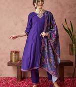 Rajgranth women's exclusive roman silk fabric hand work neckline solid print anarkali kurtaset with dupatta.