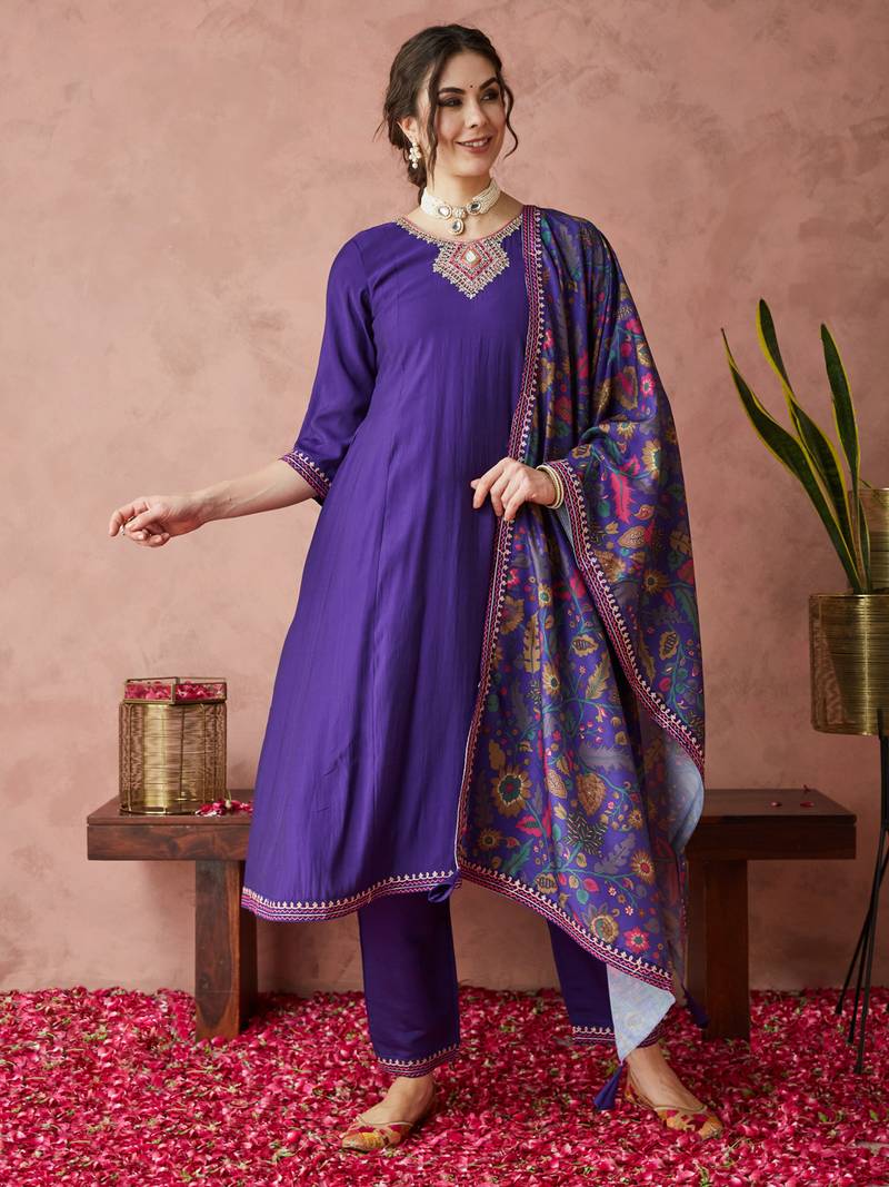 Rajgranth women's exclusive roman silk fabric hand work neckline solid print anarkali kurtaset with dupatta.