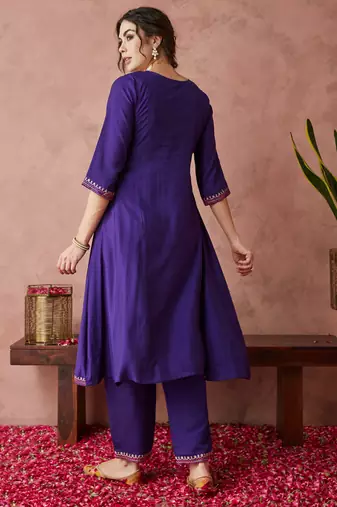 Rajgranth women's exclusive roman silk fabric hand work neckline solid print anarkali kurtaset with dupatta.