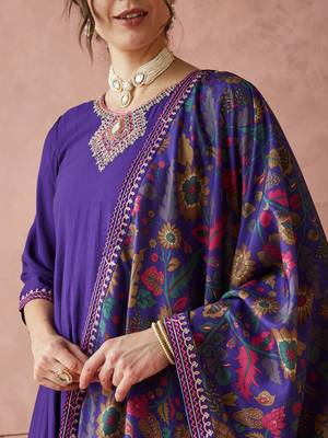 Rajgranth women's exclusive roman silk fabric hand work neckline solid print anarkali kurtaset with dupatta. 3
