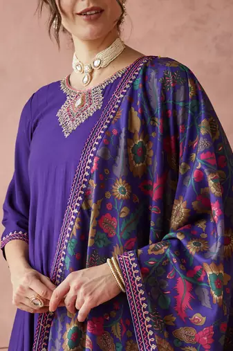 Rajgranth women's exclusive roman silk fabric hand work neckline solid print anarkali kurtaset with dupatta.