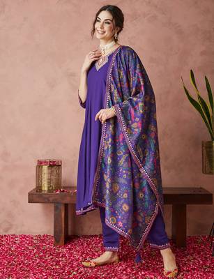 Rajgranth women's exclusive roman silk fabric hand work neckline solid print anarkali kurtaset with dupatta. 4