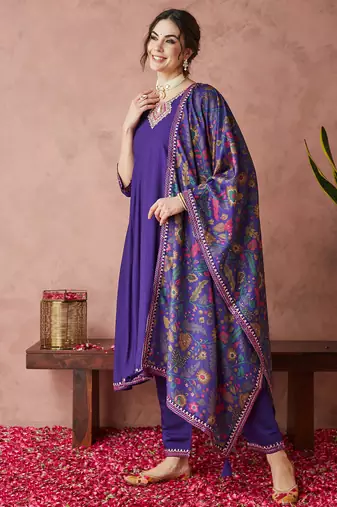 Rajgranth women's exclusive roman silk fabric hand work neckline solid print anarkali kurtaset with dupatta.