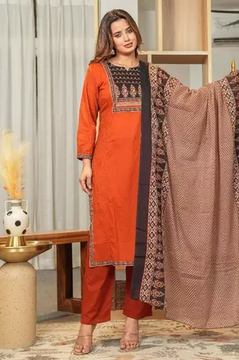 Cotton cambric  straight  printed kurti-pant-dupatta  set