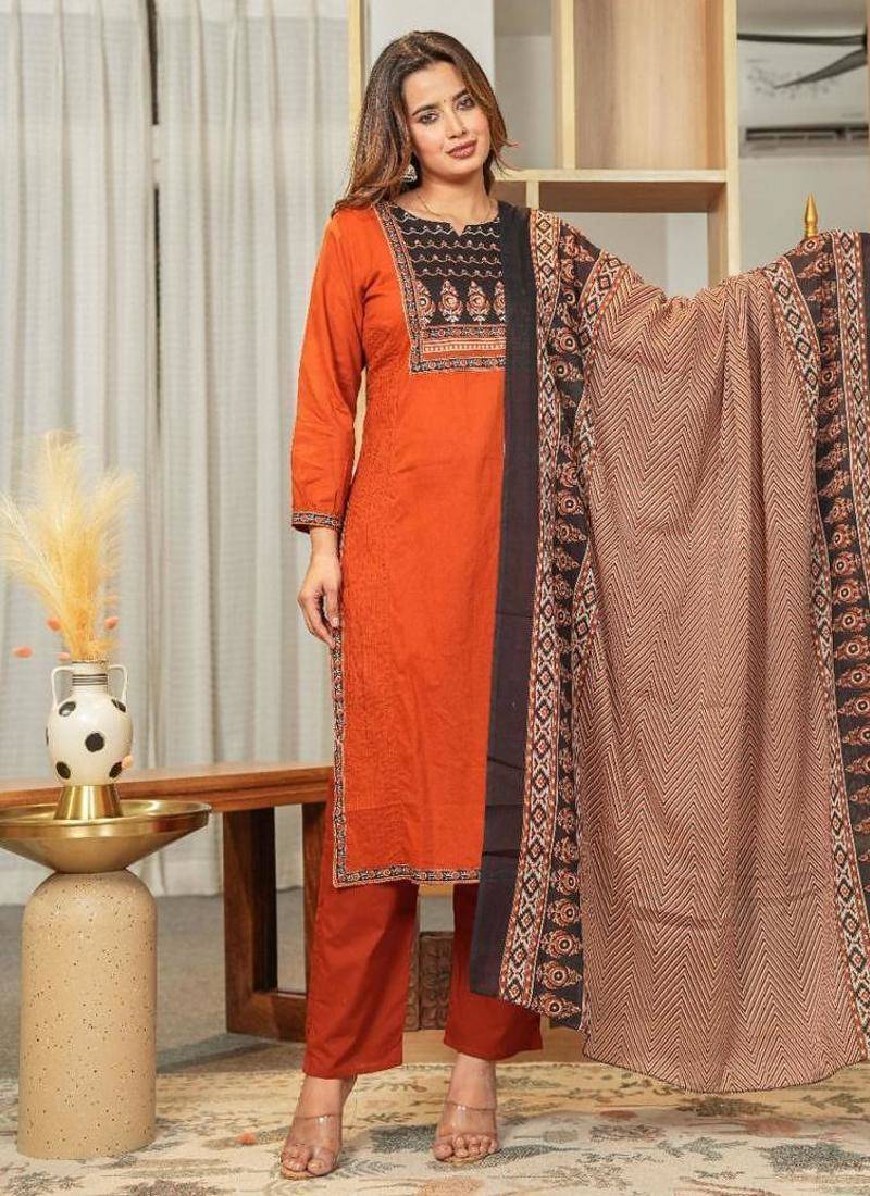 Cotton cambric  straight  printed kurti-pant-dupatta  set