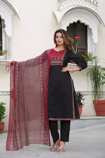 Cotton cambric  straight  printed kurti-pant-dupatta  set
