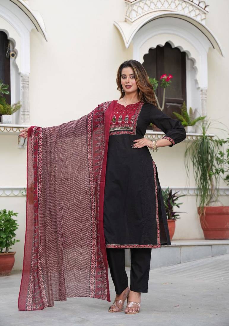 Cotton cambric  straight  printed kurti-pant-dupatta  set