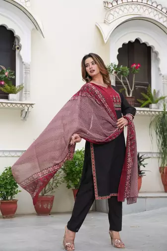 Cotton cambric  straight  printed kurti-pant-dupatta  set