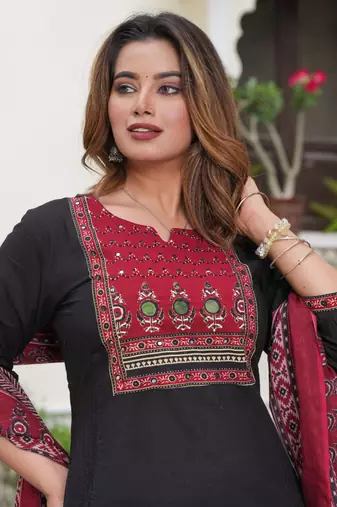 Cotton cambric  straight  printed kurti-pant-dupatta  set