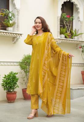 Cotton cambric semi-anarkali printed  kurti-pant-dupatta  set 1