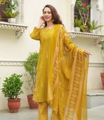 Cotton cambric semi-anarkali printed  kurti-pant-dupatta  set