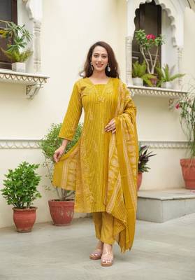 Cotton cambric semi-anarkali printed  kurti-pant-dupatta  set 3