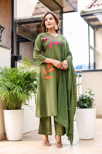 Silly cotton semi-anarkali printed kurti-pant-dupatta  set