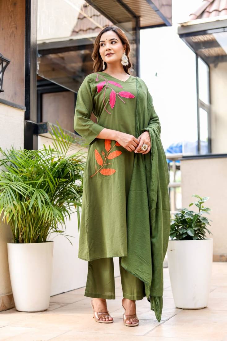 Silly cotton semi-anarkali printed kurti-pant-dupatta  set