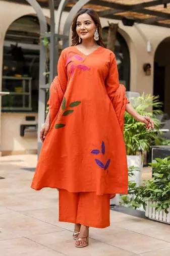 Silly cotton semi-anarkali printed kurti-pant-dupatta  set