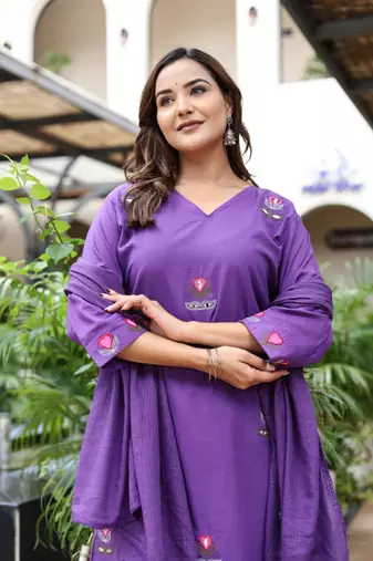 Silly cotton semi-anarkali printed kurti-pant-dupatta  set