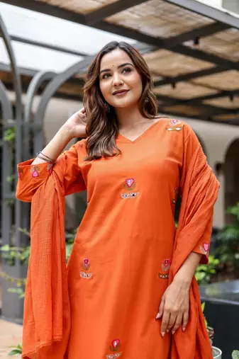 Silly cotton semi-anarkali printed kurti-pant-dupatta  set