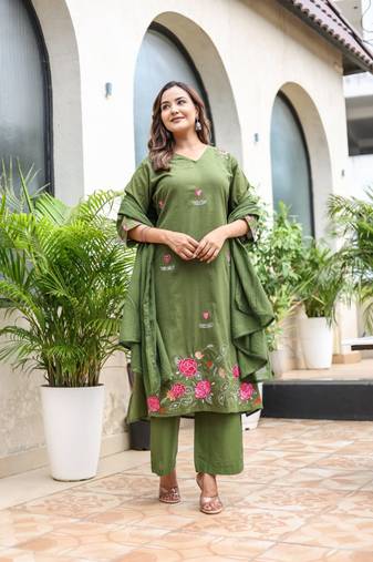 Silly cotton semi-anarkali printed kurti-pant-dupatta  set