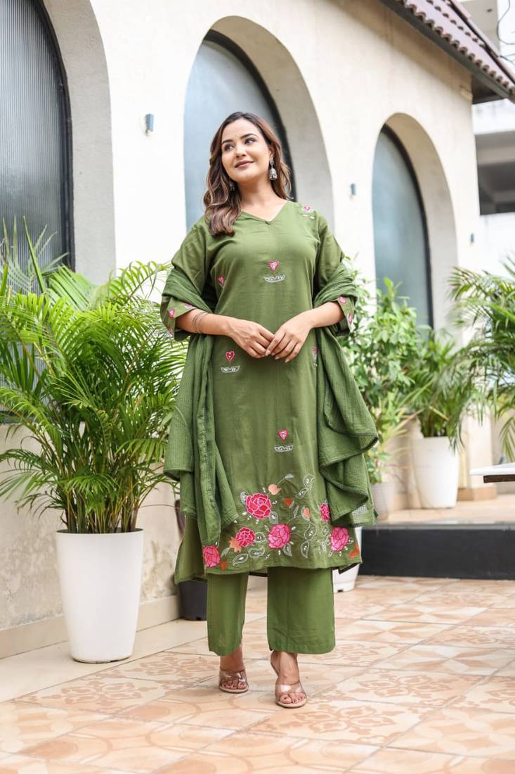 Silly cotton semi-anarkali printed kurti-pant-dupatta  set