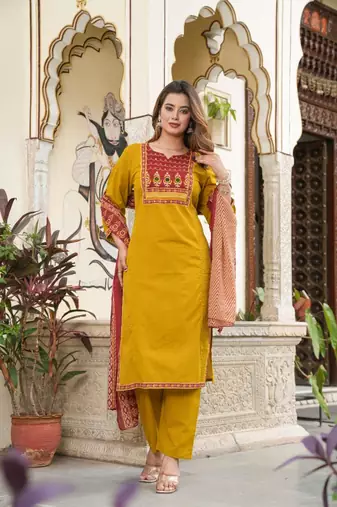 Cotton cambric  straight  printed kurti-pant-dupatta  set