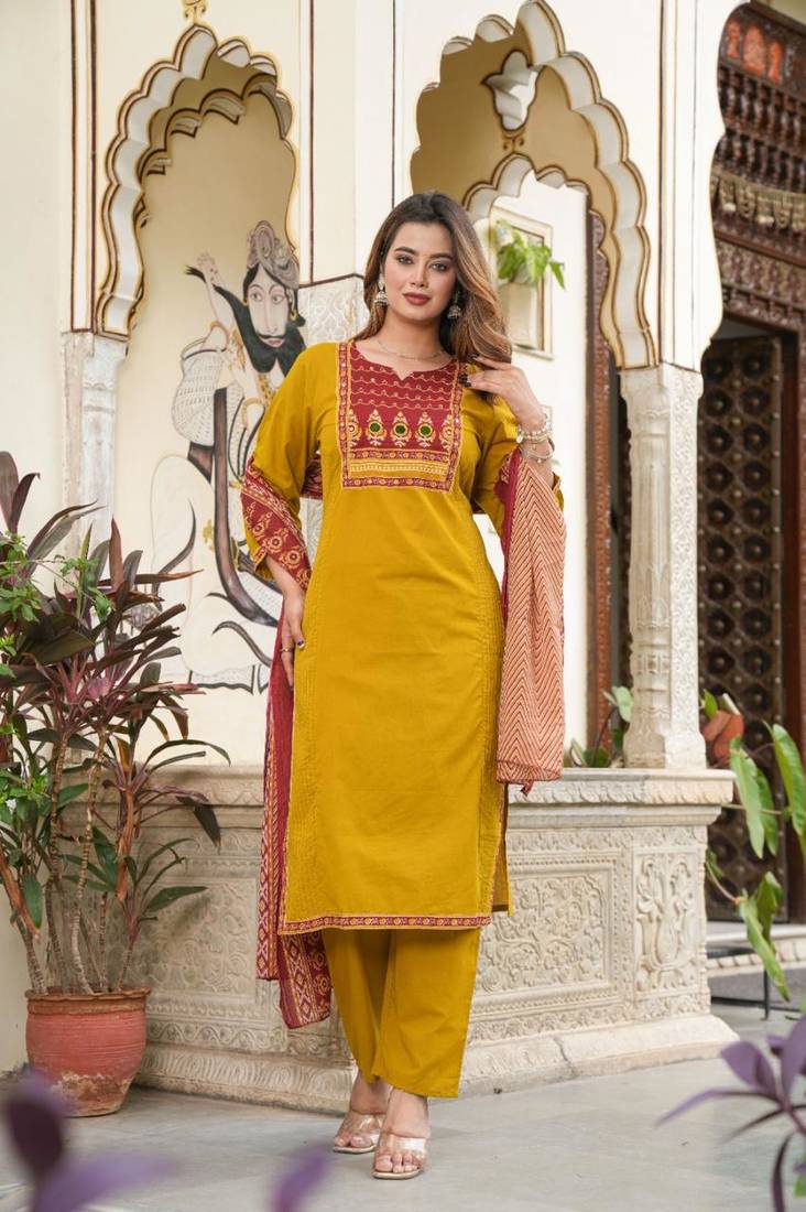 Cotton cambric  straight  printed kurti-pant-dupatta  set