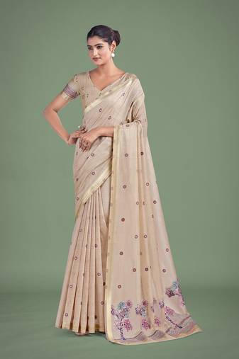 Imaginative beige & pink woven butti pattern cotton silk saree