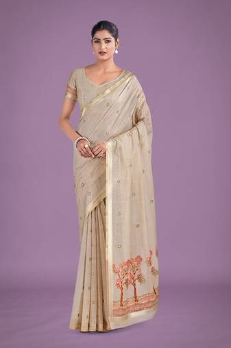 Imaginative beige & red woven butti pattern cotton silk saree