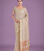 Imaginative beige & red woven butti pattern cotton silk saree
