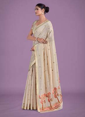 Beige & red woven butti pattern cotton silk blend saree 2
