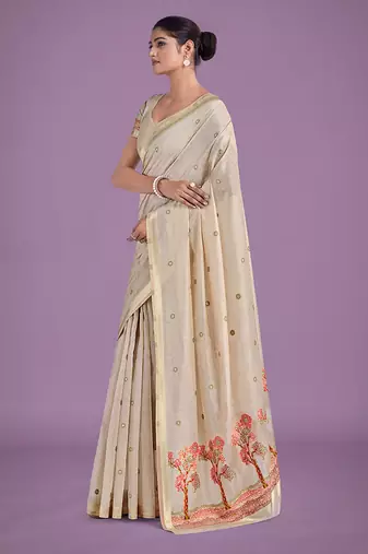 Beige & red woven butti pattern cotton silk blend saree