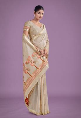 Beige & red woven butti pattern cotton silk blend saree 3