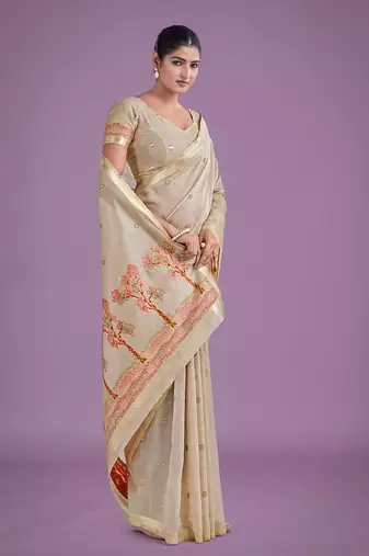 Beige & red woven butti pattern cotton silk blend saree