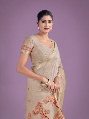 Beige & red woven butti pattern cotton silk blend saree 4