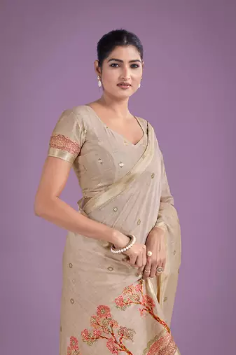 Beige & red woven butti pattern cotton silk blend saree