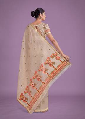 Beige & red woven butti pattern cotton silk blend saree 5