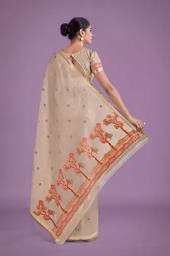 Beige & red woven butti pattern cotton silk blend saree