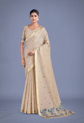 Beige & blue woven butti pattern cotton silk blend saree 1