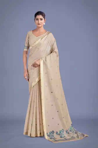 Imaginative beige & blue woven butti pattern cotton silk saree