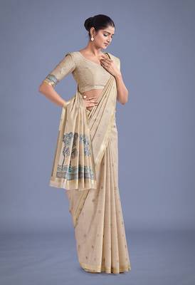 Beige & blue woven butti pattern cotton silk blend saree 2