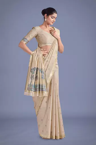 Beige & blue woven butti pattern cotton silk blend saree