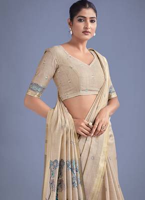 Beige & blue woven butti pattern cotton silk blend saree 3
